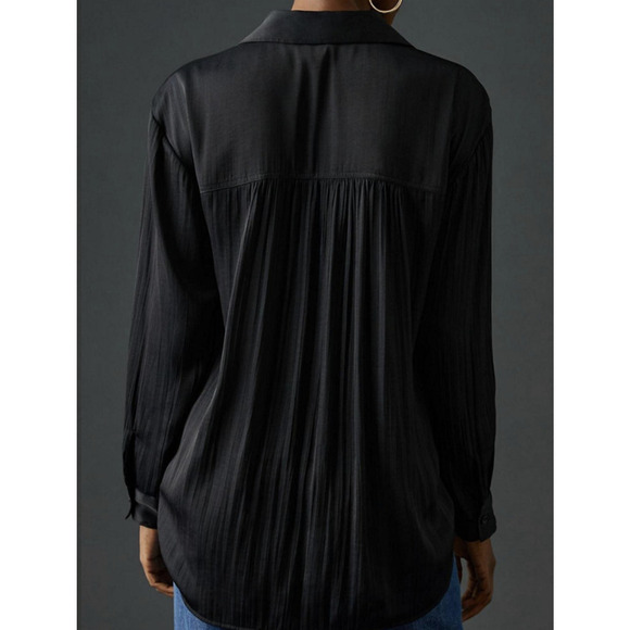 Anthropologie Shirt Womens Small Petite Black Loose Button Front Blouse Top - Picture 2 of 9